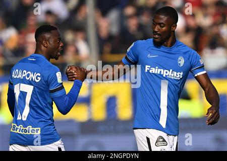 Parma, Italy. 18th Feb, 2023. Tardini Stadium, 18.02.23 Woyo Coulibaly (26  Parma) and Cedric Gondo (15 Ascoli) during the Serie B match between Parma  and Ascoli at Tardini Stadium in Parma, Italia