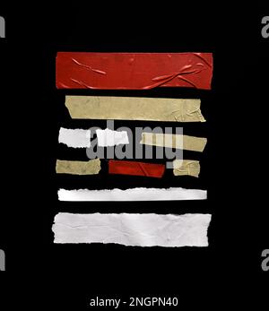 Set of pieces of general purpose tape and crumpled papers isolated on black, design elements Stock Photo