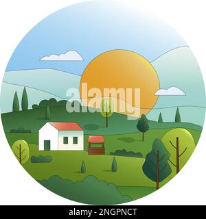 Rural landscape with a house. Rural green fields, trees on a bright sunny day. Vector drawing in flat style with gradients and stroke. Illustration fo Stock Vector