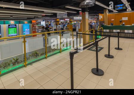 Close-up view of interior of cash room in BH photo-video store. New York. USA. Stock Photo