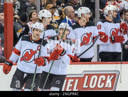 Pittsburgh, United States. 18th Feb, 2023. New Jersey Devils center Nico Hischier (13) celebrates his goal with the his bench during the second period against the Pittsburgh Penguins at PPG Paints Arena in Pittsburgh on Saturday, February 18, 2023. Photo by Archie Carpenter/UPI Credit: UPI/Alamy Live News Stock Photo