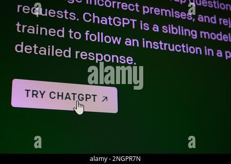 ZhongShan China-Feb 15,2023:close up of a monitor showing a mouse cursor about to hit the try ChatGPT button at horizontal composition. Stock Photo