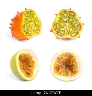 Set with different delicious exotic fruits on white background Stock Photo