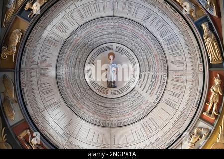 Astronomical clock, Horologium mirabile Lundense, 15th century, with St Lawrence in centre, Lund Cathedral, Lund, Sweden Stock Photo