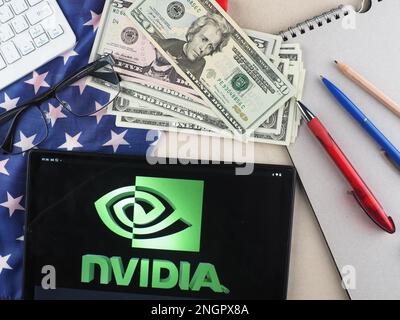 In this photo illustration, NVIDIA Corporation logo seen displayed on a tablet. Stock Photo