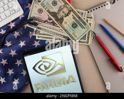 In this photo illustration, NVIDIA Corporation logo seen displayed on a tablet. Stock Photo