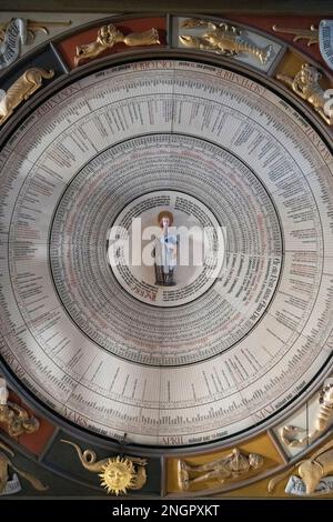 Astronomical clock, Horologium mirabile Lundense, 15th century, with St Lawrence in centre, Lund Cathedral, Lund, Sweden Stock Photo