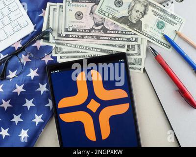 In this photo illustration, Hospital Corporation of America (HCA Healthcare) logo seen displayed on a tablet. Stock Photo