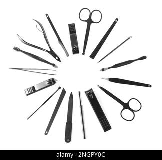 Manicure set on white background, top view Stock Photo