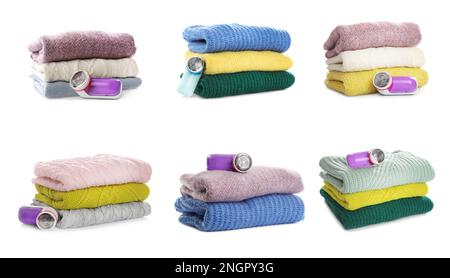 Fabric shavers and woolen clothes on white background, collage Stock Photo