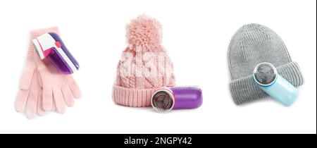 Fabric shavers, woolen hats and gloves on white background., collage. Banner design Stock Photo