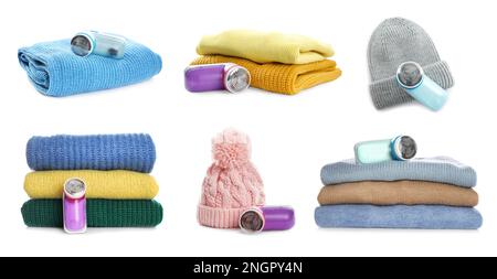 Fabric shavers and woolen clothes on white background, collage. Banner design Stock Photo