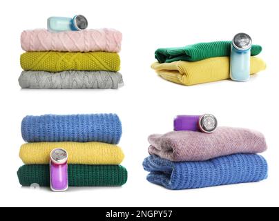 Fabric shavers and woolen clothes on white background, collage Stock Photo