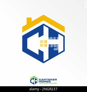 letter or word CH or HC font in hexagon 3D line and roof house window image graphic icon logo design abstract concept vector stock initial or property Stock Vector