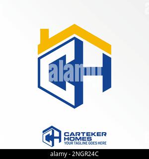 letter or word CH or HC font in hexagon 3D line and roof house window image graphic icon logo design abstract concept vector stock initial or property Stock Vector