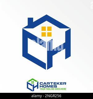 letter or word CH or HC font in hexagon 3D line and roof house window image graphic icon logo design abstract concept vector stock initial or property Stock Vector