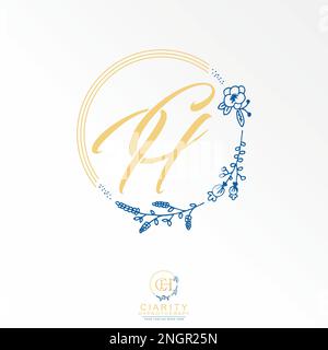 Lettering or word CH font in circle flowers and leaves image graphic icon logo design abstract concept vector stock related to wedding or initial Stock Vector