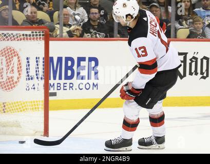 Pittsburgh, United States. 18th Feb, 2023. New Jersey Devils center Nico Hischier (13) scores an empty net goal and his second of the game in the third period of the 5-2 win over the Pittsburgh Penguins at PPG Paints Arena in Pittsburgh on Saturday, February 18, 2023. Photo by Archie Carpenter/UPI Credit: UPI/Alamy Live News Stock Photo