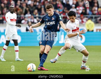 Stuttgart, Germany. 18th Feb, 2023. Endo Wataru (R) of Stuttgart vies with Eric Martel of Cologne during the German first division Bundesliga football match between VfB Stuttgart and FC Cologne in Stuttgart, Germany, Feb. 18, 2023. Credit: Philippe Ruiz/Xinhua/Alamy Live News Stock Photo
