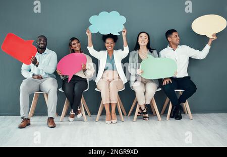 Business people, speech bubble and advertising for recruitment, opportunity and join us in waiting room. We are hiring, poster and banner mockup by Stock Photo