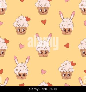 Retro seamless pattern. Happy cartoon characters easter cakes cupcake on yellow background. Vector Illustration for wallpaper, design, textile, packag Stock Vector