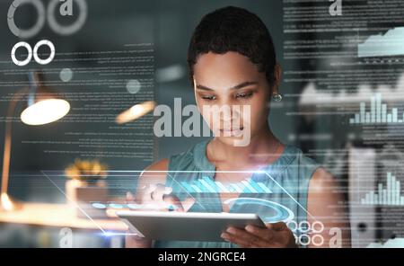 Black woman with tablet, focus and data overlay for erp app innovation, research and programming in future info technology. Futuristic analytics Stock Photo