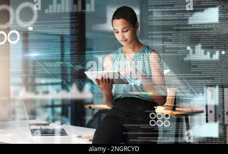 Black woman with tablet, erp overlay and charts, innovation in research and programming for future app technology. Futuristic network, analytics and Stock Photo