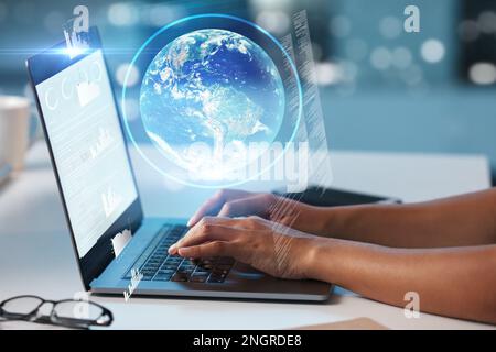 Laptop, hands and globe hologram, future technology and analytics, graph and digital overlay with typing. Futuristic, tech innovation and 3D with Stock Photo