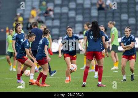 Sydney, Australia. 19th Feb, 2023. Team Spain warms up prior to the Cup of Nations match between the Australia Matildas and Spain at Commbank Stadium on February 19, 2023 in Sydney, Australia. (Photo : Izhar Khan) IMAGE RESTRICTED TO EDITORIAL USE - STRICTLY NO COMMERCIAL USE Credit: Izhar Ahmed Khan/Alamy Live News/Alamy Live News Stock Photo