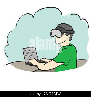 man with vr glasses using laptop computer illustration vector hand drawn isolated on white background line art. Stock Vector