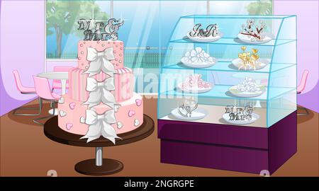 Cute Pink Wedding Cake and Toppers on Display in a Cake Shop Background Cartoon Style. Vector Illustration Stock Vector