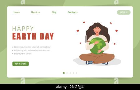 Happy earth day landing page template. Cute woman hugs Planet Earth with care and love. Perfect for web design, business presentation and marketing Stock Vector