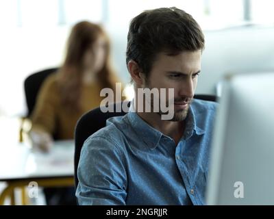 Business man, computer work and concentrating on web designer planning a website layout. Content management, startup and employee working on creative Stock Photo