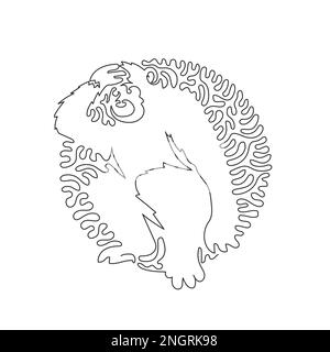 Single curly line drawing of cute chimpanzee abstract art. Single line editable stroke vector illustration of friendly chimpanzee for logo Stock Vector