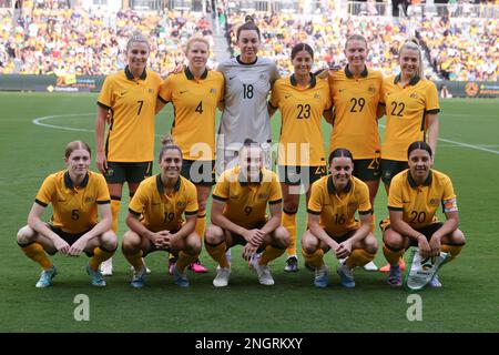 Sydney, Australia. 19th Feb, 2023. Australia team photo during the Football Australia Cup Of Nation match between Australia Women and Spain Women at the CommBank Stadium, Sydney, Australia on 19 February 2023. Photo by Peter Dovgan. Editorial use only, license required for commercial use. No use in betting, games or a single club/league/player publications. Credit: UK Sports Pics Ltd/Alamy Live News Stock Photo