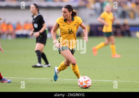 Sydney, Australia. 19th Feb, 2023. Hayley Rasso of Australia dribbles the ball during the Football Australia Cup Of Nation match between Australia Women and Spain Women at the CommBank Stadium, Sydney, Australia on 19 February 2023. Photo by Peter Dovgan. Editorial use only, license required for commercial use. No use in betting, games or a single club/league/player publications. Credit: UK Sports Pics Ltd/Alamy Live News Stock Photo