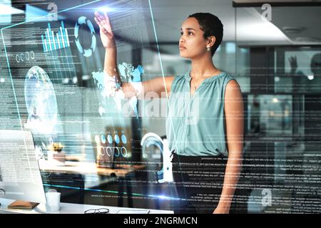 Globe, virtual reality and overlay with a business black woman using an ai ux interface to access the metaverse of data. Digital, future or working on Stock Photo