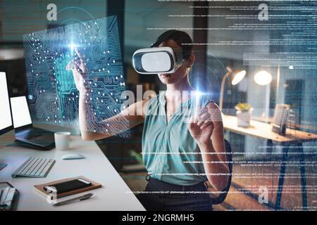Woman, coding and night with vr double exposure, hologram graphic or web design planning for cybersecurity. Developer, augmented reality glasses or Stock Photo