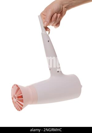 hair dryer in a female hand on a white isolated background Stock Photo