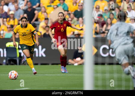 Sydney, Australia. 19th Feb, 2023. Sam Kerr of Australia is seen wearing a  special edition jersey during the 2023 Cup of Nations match between  Australian Matildas and Spain at CommBank Stadium on