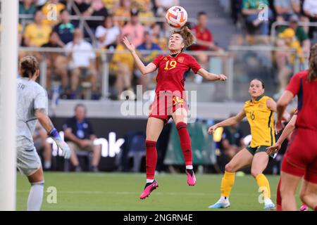 Sydney, Australia. 19th Feb, 2023. Olga Carmona of Spain heads the ball during the Football Australia Cup Of Nation match between Australia Women and Spain Women at the CommBank Stadium, Sydney, Australia on 19 February 2023. Photo by Peter Dovgan. Editorial use only, license required for commercial use. No use in betting, games or a single club/league/player publications. Credit: UK Sports Pics Ltd/Alamy Live News Stock Photo