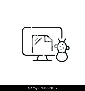 Desktop monitor with file open on it and cactus plant in a pot. Pixel perfect, editable stroke icon Stock Vector
