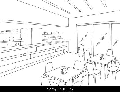 Cafe interior fast food court graphic black white sketch illustration vector Stock Vector