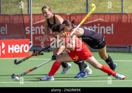Wellington, New Zealand. 19th Feb, 2023. Xu Yanan (39 China) about to strike during China vs New Zealand at National Hockey Stadium in Wellington, New Zealand. FIH Pro League. China win in extra-time with penalties. FT1-1. (Joe Serci - SPP) Credit: SPP Sport Press Photo. /Alamy Live News Stock Photo