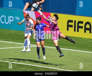 Hamilton, New Zealand. 19th Feb, 2023. Tsai Ming-Jung (R), goalkeeper of Chinese Taipei, makes a save during a group C match between Chinese Taipei and Paraguay of play off tournament for the FIFA Women's World Cup Australia and New Zealand 2023 at Waikato Stadium in Hamilton, New Zealand, Feb. 19, 2023. Credit: Guo Lei/Xinhua/Alamy Live News Stock Photo