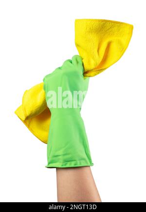 Microfiber, yellow fiber cloth, wiper, duster in hand in green glove isolated on white. Stock Photo