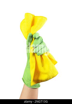 Microfiber, yellow fiber cloth in hand in green glove isolated on white. Stock Photo