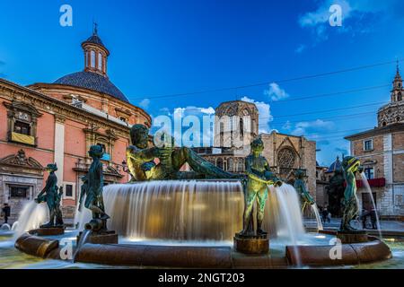 The Saint Mary’s Square and the Rio Turia fountain. Photo was taken on the 9th of February 2023 in Valencia, Valencia Province, Spain. Stock Photo