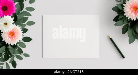Mockup white paper and pen. Paper mock up with flowers. Creative layout flowers with space for text on white paper. Flat lay, top view, copy space Stock Photo