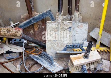 Various old and used tools that are used in the building industry. Stock Photo